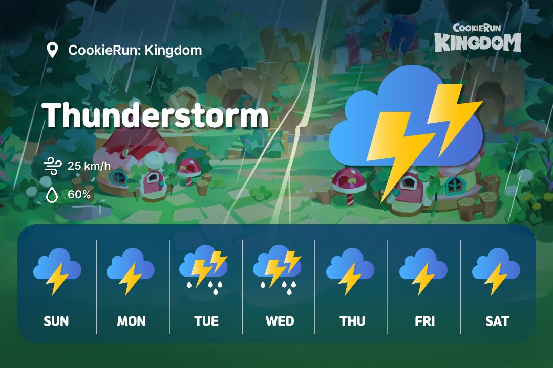 🏰クッキーラン：キングダムの来週の天気予報!🔎 明日からしばらく、🌩️雷が続くようだ... クッキーの世界では一体何が起きているのだろうか。👀 #クッキーランキングダム