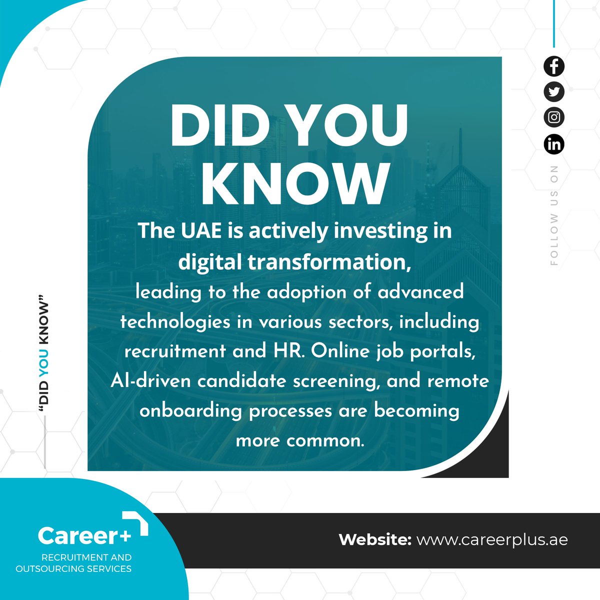 The recruitment process has become more powerful and easy with AI and we are constantly in the urge to learn and be the best in the field.
.
.
.
#CareerPlus #recruitementagency #recruitementagencyuae