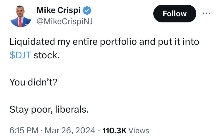 MIKE LINDELL: I lost my entire fortune by betting on trump. MIKE CRISPI: Hold my fuckin beer. $DJT #ETTD #FAFO #MAGAMoron Trump Media