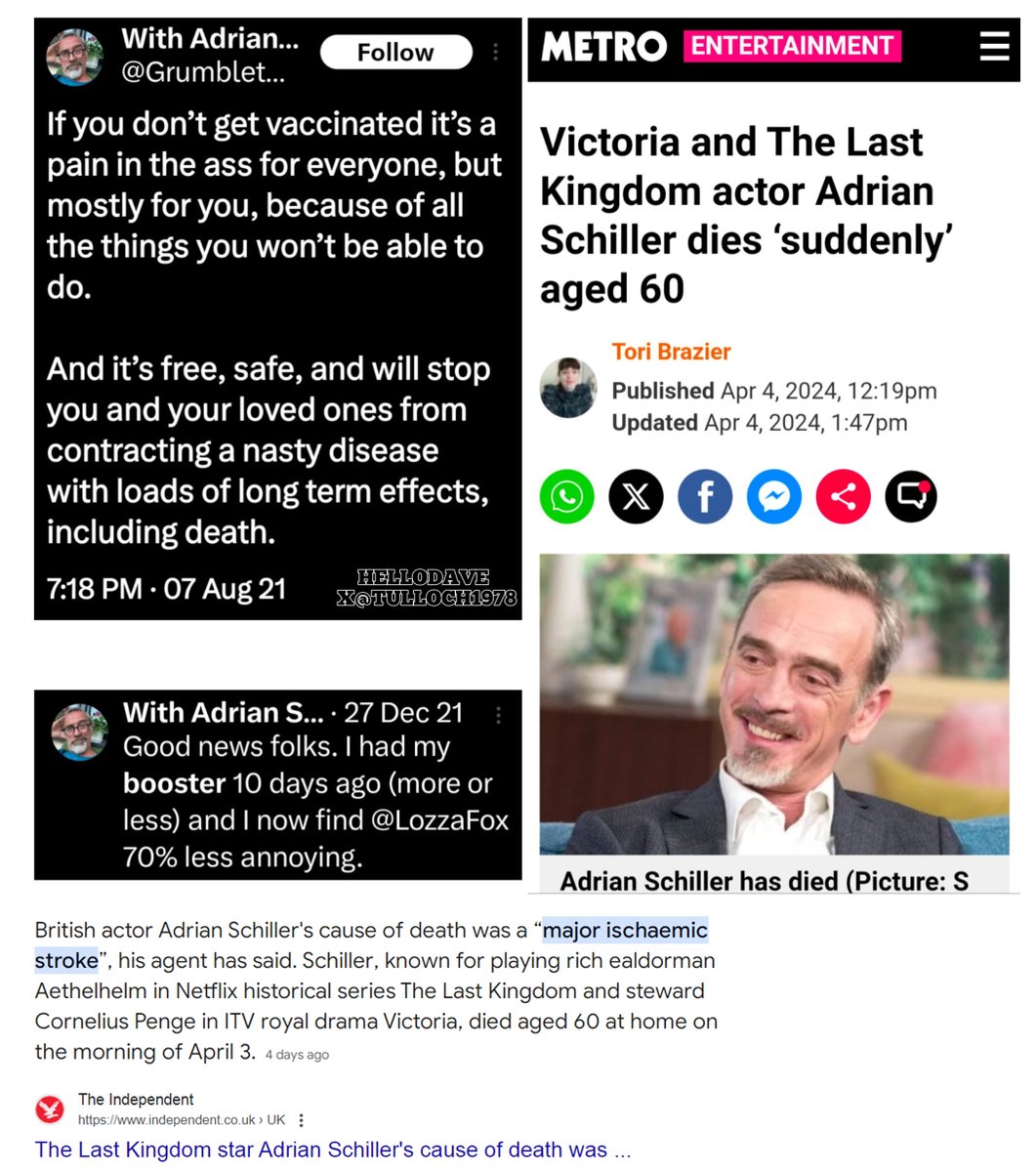 British Actor, 60 year old Adrian Schiller died suddenly from an ischemic stroke in his home on April 3, 2024.

Aug.2021: 'If you don't get vaccinated it's a pain in the ass for everyone, but mostly for you, because of all the things you won't be able to do'

'And it's free,…