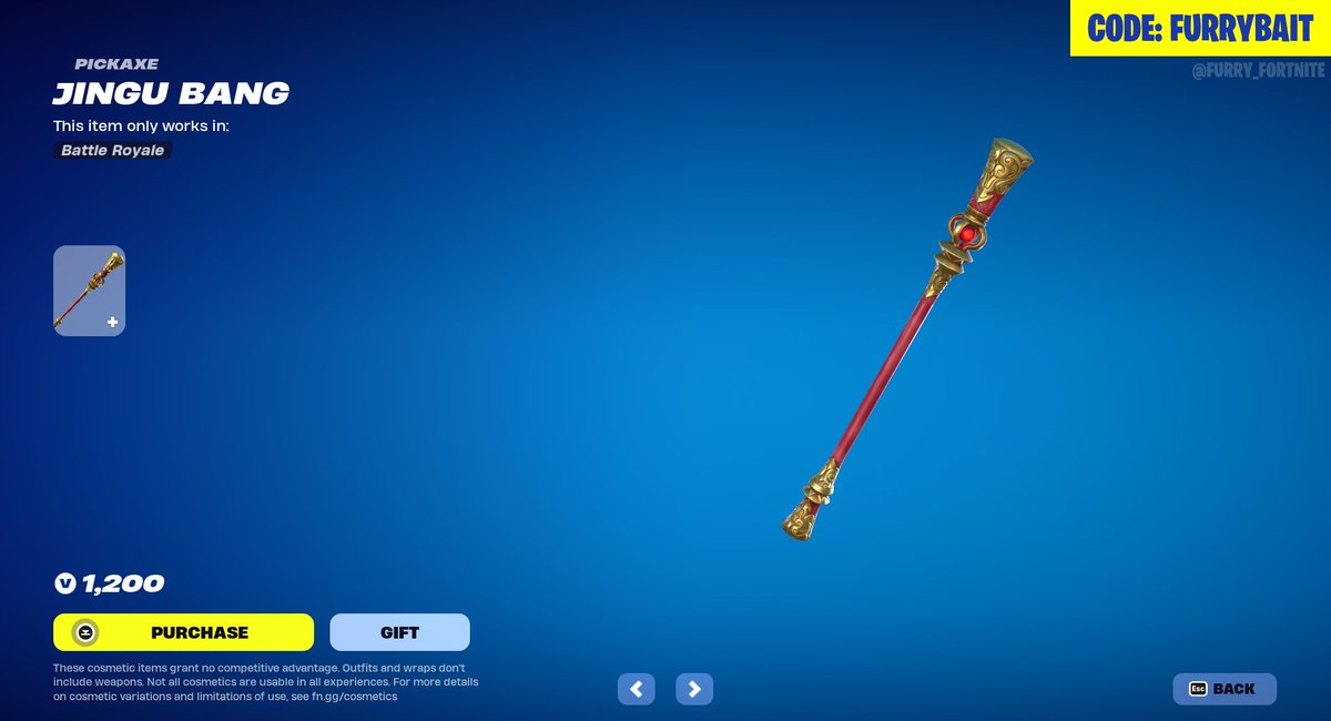 Wukong is presumably also back because of Banana Day, nut he's not actually part of the Banana Day tab, just the Original Spotlight tab. At least his pickaxe, the Jingu Bang is also back on the shop.

Use code FURRYBAIT on the Item Shop to support us #EpicPartner #FurryFortnite