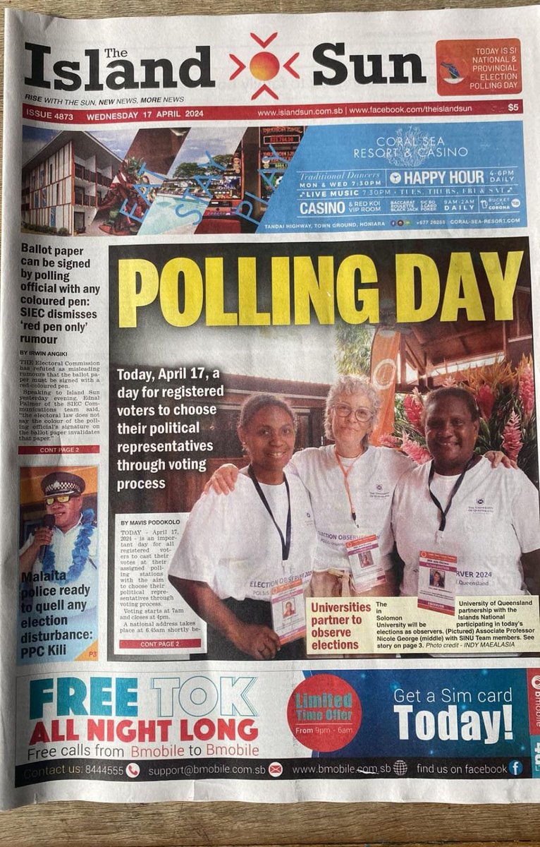 Great to catch up with my former lecturer at <a href="/POLSISEngage/">UQ POLSIS</a> Associate Professor <a href="/n_george2/">nicole george</a> while she's in Honiara to observe the Solomon Islands election with a team of researchers from SINU. Nicole also made the front page of today's Island Sun! #impact 🗳️🇸🇧