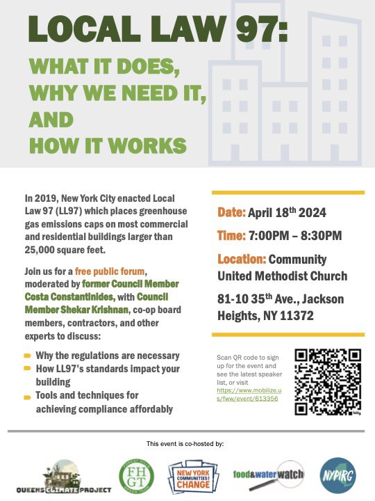 Join us this Thursday, April 18 at our Local Law 97 public forum. Learn about strategies and resources to reduce your building’s emissions and pay for these improvements.