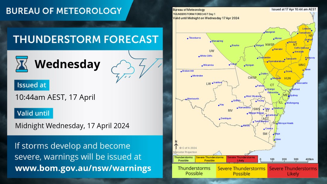 ⛈️Wednesday's forecast: severe thunderstorms with heavy rainfall and large hail are possible in the northeast. Thunderstorms are possible across much of the northern inland and the coast. Warnings if needed: bom.gov.au/nsw/warnings/
