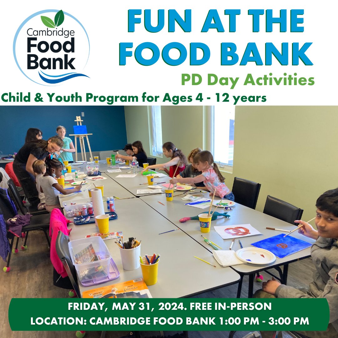 Fun at the Cambridge Food Bank PD Day Program on Friday, May 31, from 1:00 pm to 3:00 pm! Registration: Vanessa at 519-622-6550 ext 109 vtoncic@cambridgefoodbank.org It's open ages 4 - 12 to join in for games, snacks, making new friends, and fun! #FeedingCommunity #CbridgeYouth
