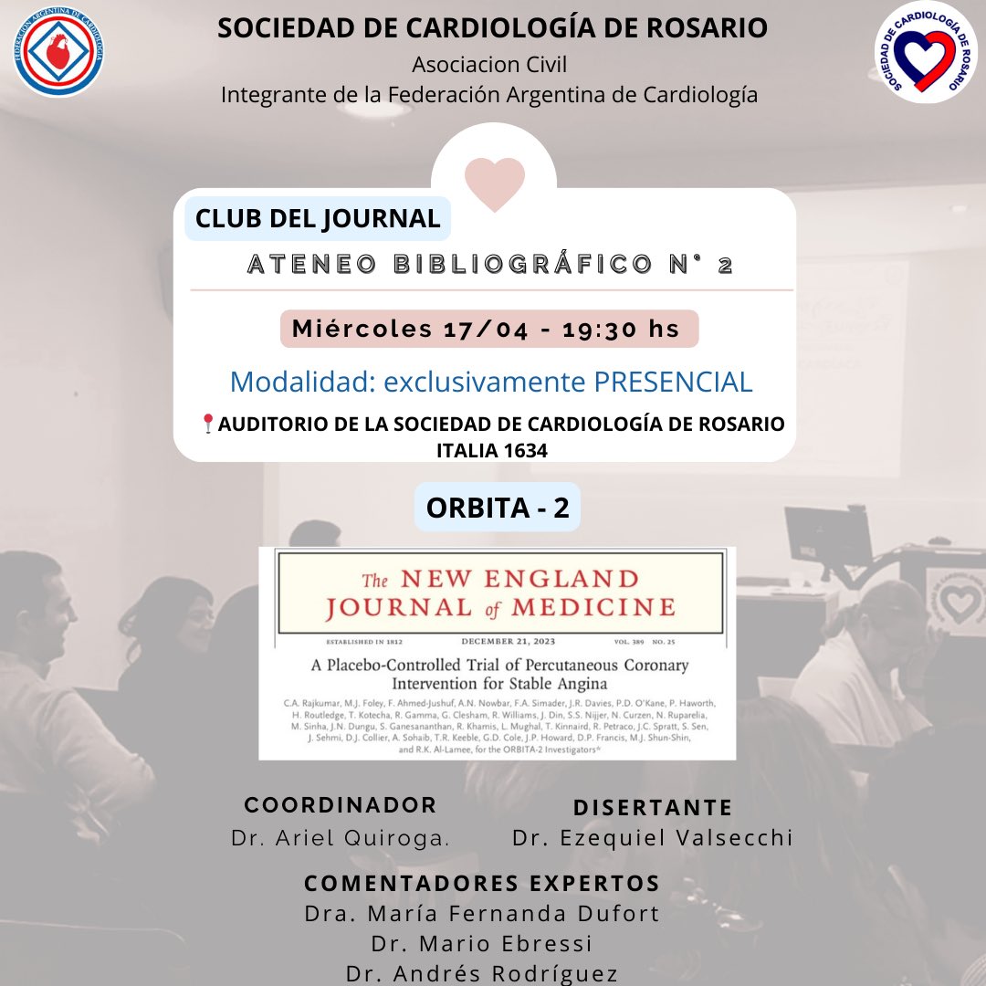 cardiorosario's tweet photo. ATENCIÓN ‼️ este Miércoles 17.. CLASE 2 del Ateneo Bibliográfico 🤓
En este 2do Club del Journal presentamos “ORBITA-2” 
Modalidad EXCLUSIVAMENTE PRESENCIAL 🪑📝 

#ateneo #clubdeljournal #orbita2 #anginaestable #cardiologia #scr https://t.co/D3qMf07CwA