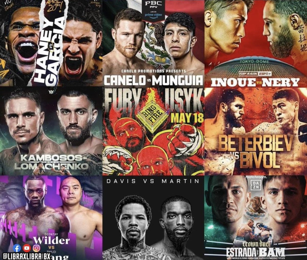 #Boxing Schedule April 20 - June 29:

#HaneyGarcia April 20

#CaneloMunguia May 4 🥊

#InoueNery May 6 🥊

#KambososLomachenko May 11 

#FuryUsyk May 18 🥊

#BeterbievBivol June 1 🥊
#WilderZhang 

#DavisMartin June 22
#BenavidezGvozdyk 

#EstradaBam June 29