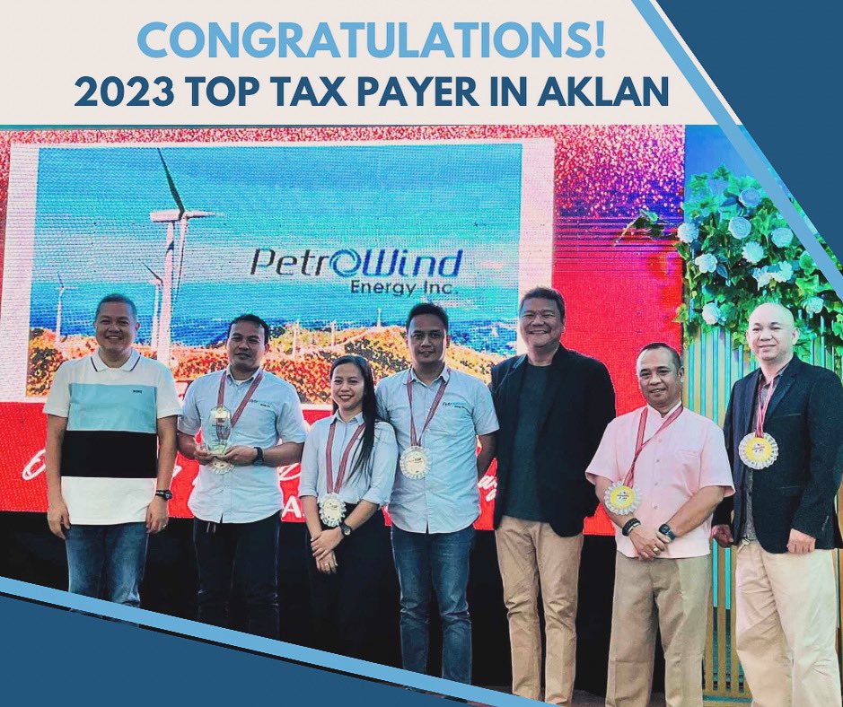 PetroWind was once again recognized as among the Top Outstanding Local Taxpayers in the Province of Aklan for the year 2023. PWEI held the Top 1 spot in terms of real property tax in the municipality of Nabas, where its 50MW Nabas Wind Power Project (NWPP) is located. of PWEI.