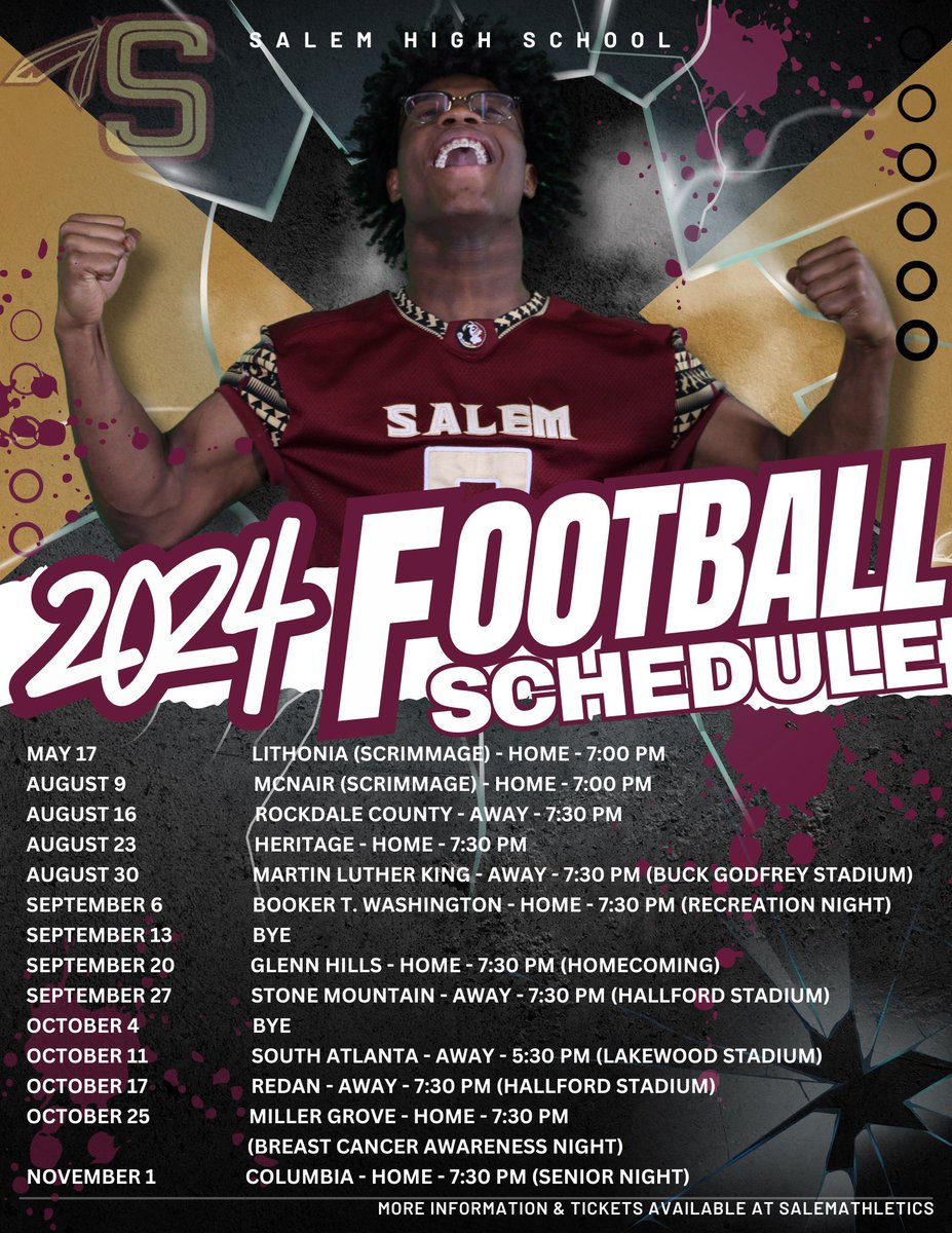 📢 Calling all Salem High School football fans! 🏈🔥 We are thrilled to announce the 2024 Varsity Football schedule! 📅🏟️ Don't forget to use the hashtag #ThisIsSalem to join the conversation and share your game day experiences! #SalemFootball #GameDay #@SalemHS_Conyers