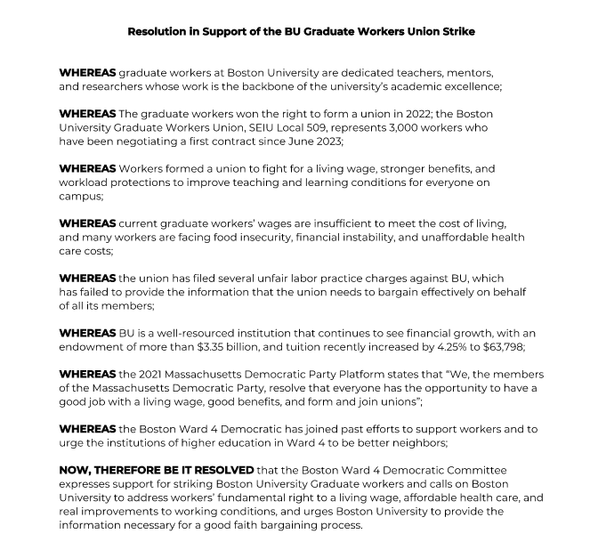 Ward4Dems's tweet photo. Tonight, our committee voted to support a resolution expressing solidarity with the @BUgradunion. 

#bospoli https://t.co/OAQbgrcuCu