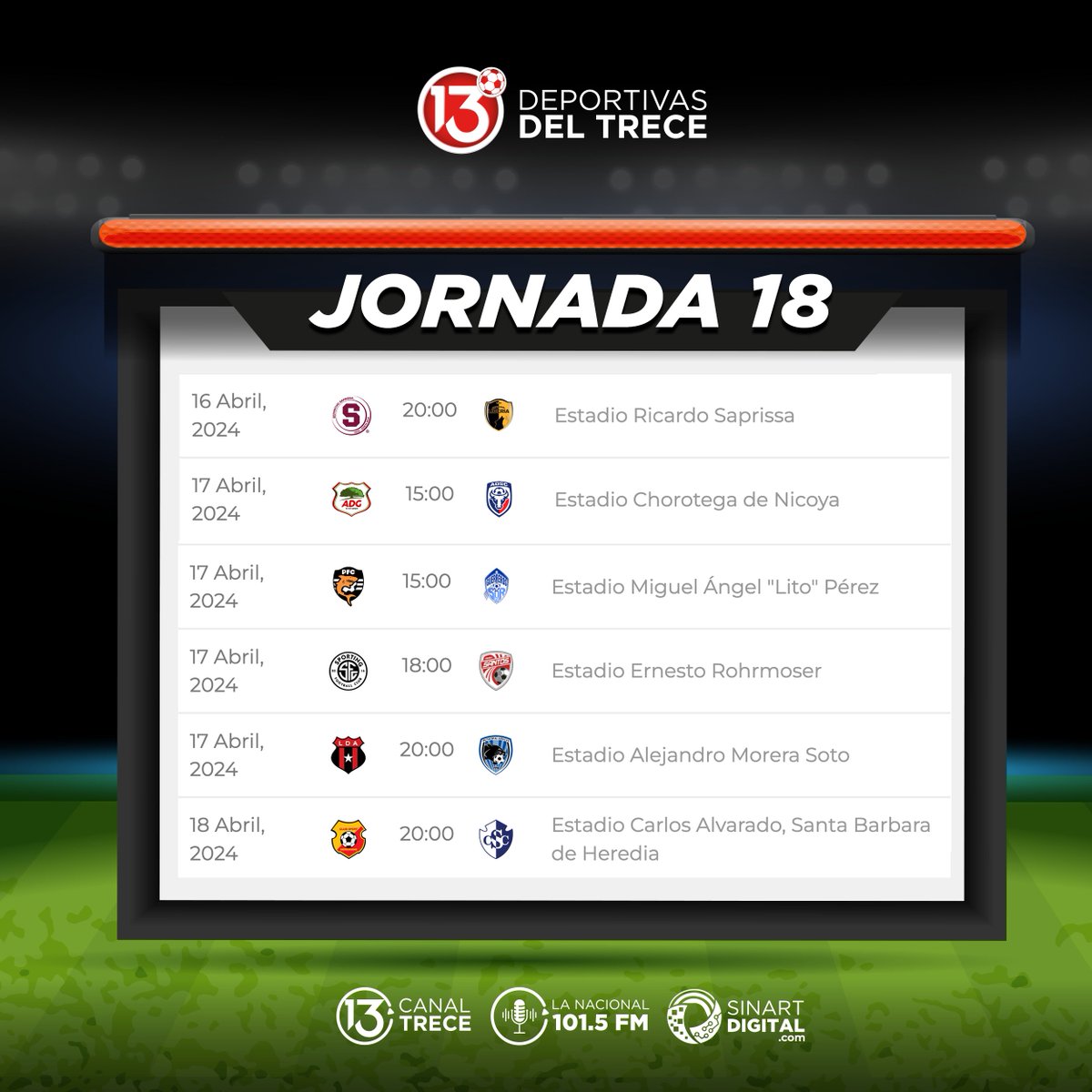 La jornada 18 del fútbol nacional se jugará entre hoy martes y el jueves. 
#FutbolNacional
#Jornada18
#sinartdigital