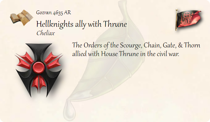 GolarionToday's tweet photo. Gozran 4635 AR: Hellknights ally with Thrune
#Cheliax #OrderOfTheScourge #OrderOfTheChain #OrderOfTheGate #OrderOfTheThorn #ChelishCivilWar #HouseThrune #4635AR
https://t.co/rfcMguajLN
The Orders of the Scourge, Chain, Gate, & Thorn allied with House Thrune in the civil war. https://t.co/wC0wyqeUCI