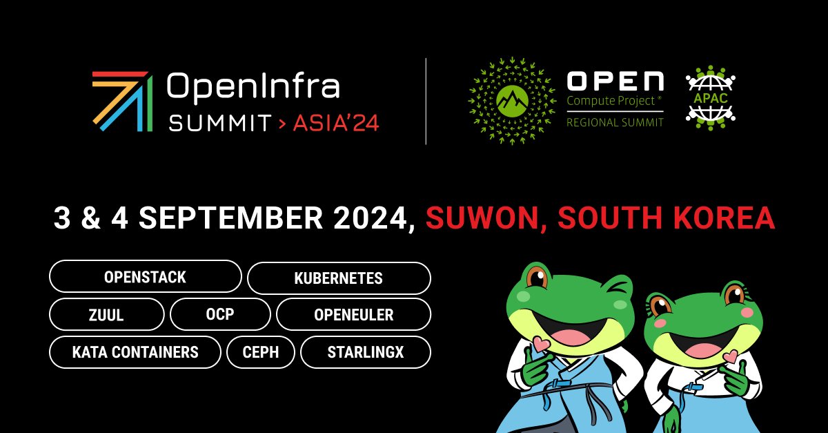 The registration, CFP and sponsorships for #OpenInfraSummit Asia are now open! 2024.openinfraasia.org The OpenInfra Summit Asia is being co-located with the OCP Regional Summit APAC to bring two premier open-source software and hardware infrastructure events together!