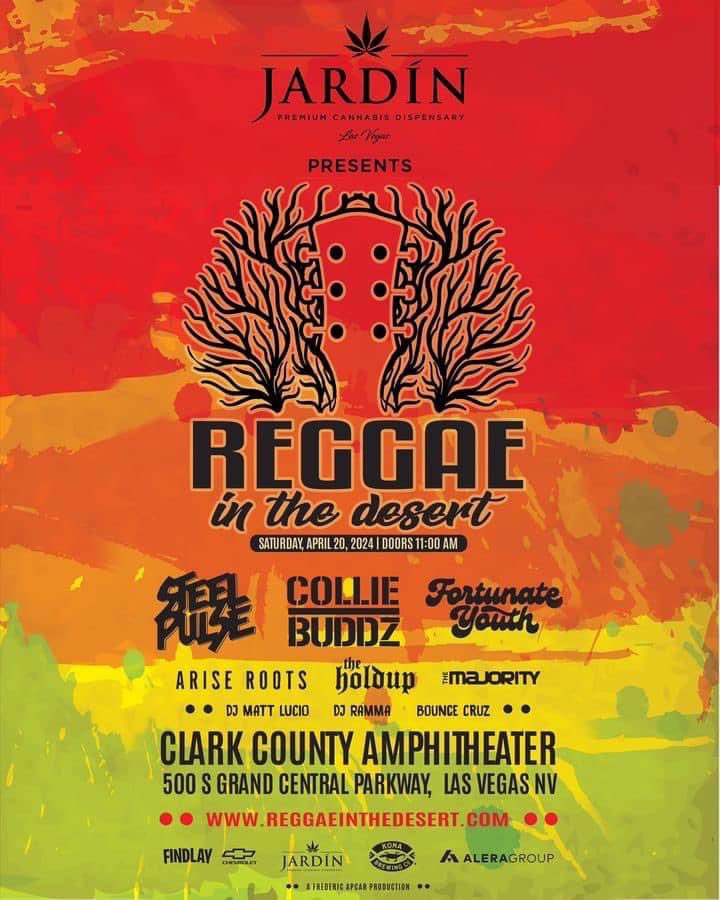 Get your tickets before 4/20 as the price is higher at the gate 420 in Vegas with @SteelPulse, @CollieBuddz , @FortunateYouth, @AriseRoots, and more. 2024 @ReggaeinDesert Festival April 20, 2024, at the @clarkcountyamp Tickets are on sale now reggaeinthedesert.com