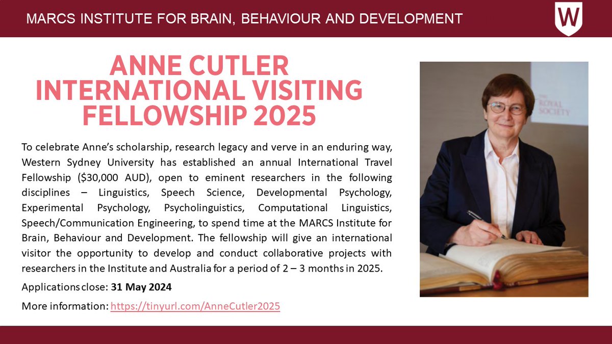 Anne Cutler International Visiting Fellowship 2025 now open - celebrating Anne’s research legacy & verve by supporting an eminent international visitor to @MARCSInstitute for 2-3 month stay. Apply by: 31 May 2024 #speech #linguistics #psychology tinyurl.com/AnneCutler2025