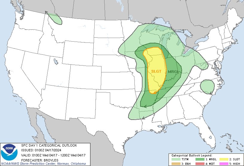 8:02pm CDT #SPC Day1 Outlook Slight Risk: across parts of the mid to upper Mississippi Valley into the southwestern Great Lakes and lower Ohio Valley spc.noaa.gov/products/outlo…