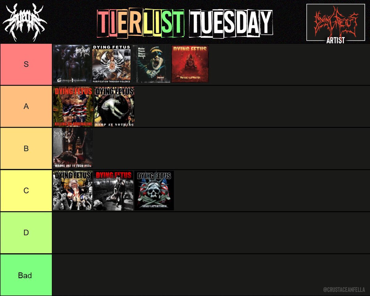 Happy #tierlisttuesday everyone! I almost forgot again, but here’s my rankings for the discography of DYING FETUS! I think this is probably my most lukewarm take in this series yet; I like all the popular ones for once lmao How do yours compare? Let me know in the comments! 👀