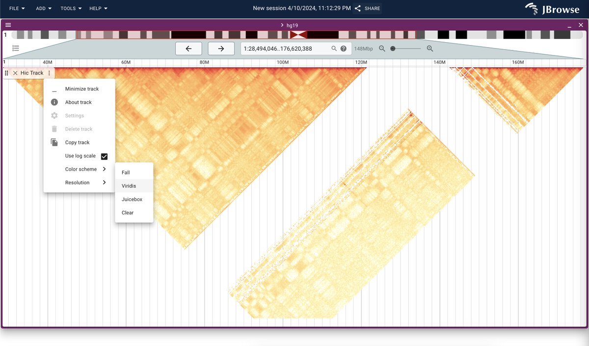 usejbrowse's tweet image. We just released JBrowse v2.11.0  with new feature &quot;Color by CDS&quot; to help see which translation frame is used in the gene glyphs, and new Hi-C &quot;color  schemes&quot; and log-transformed display jbrowse.org/jb2/blog/2024/…
