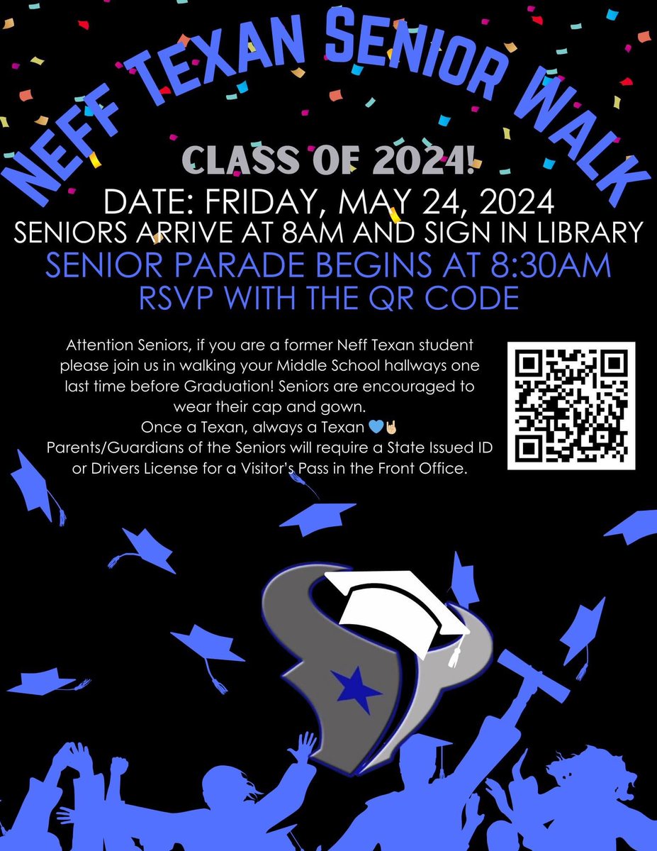 SENIORS! Attached are the flyers for Senior Graduation Walks at Sull Ross &amp; Pat Neff!
Please carefully read the appropriate flyer for you &amp; follow the instructions so you can have an amazing Senior Walk!!! <a href="/NISDHolmes/">NISD Holmes</a> <a href="/nisd_nsite/">nisd_nsite</a> <a href="/NISDRoss/">Sul Ross MS</a> <a href="/NISDPatNeff/">Pat Neff MS</a>