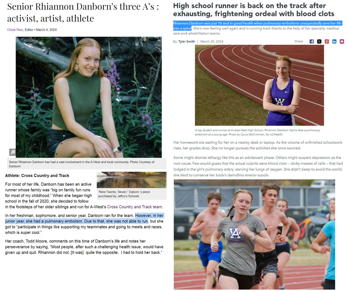 Denver, CO - 16 year old Rhiannon Danborn is an athlete on the track team who developed life threatening blood clots (pulmonary embolism) in July 2022. She survived.

What is the long term prognosis of a COVID-19 mRNA Vaccinated 16 year old who develops blood clots and pulmonary…