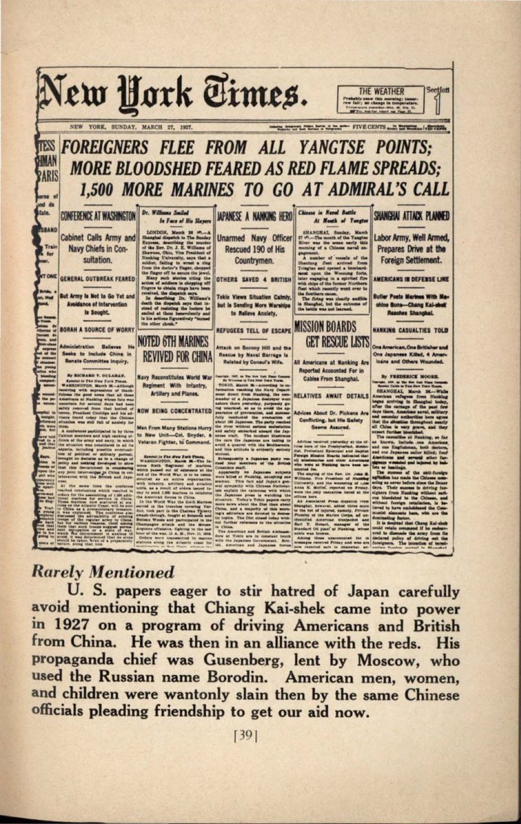 @realsteelmuslim And I'm glad to discover a*sholes like U. Nanking? New York Times, Mar 27, 1927. Fearing Further K*lling by Communists, Foreigners Evacuated. American men, women and children were k*lled on a whim by Chiang Kai-shek who was shouting for friendship to seek American aid.