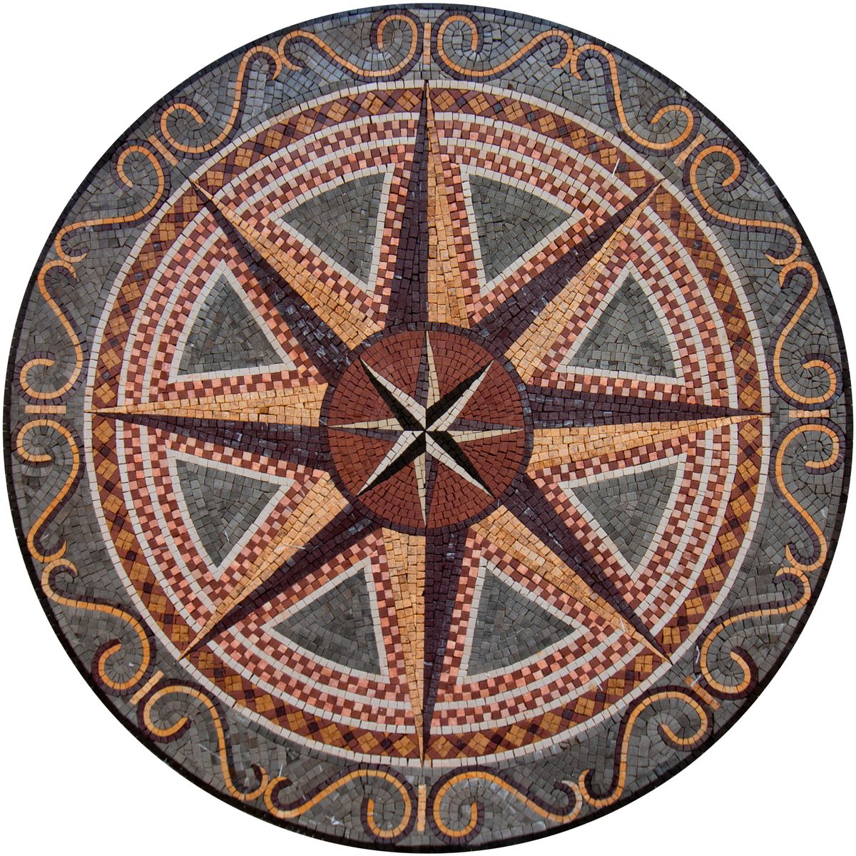 Cultivate a space bursting with earthy colors. This handcrafted mosaic features a rustic star design. mosaicnatural.com/mosaics/md007 #mosaic #mosaicart #handmade #handmadeart #handcrafted #walldecor #wallart #art #mural #design #uniqueart #interiordesign #uniqueflooring #hallwaydesign
