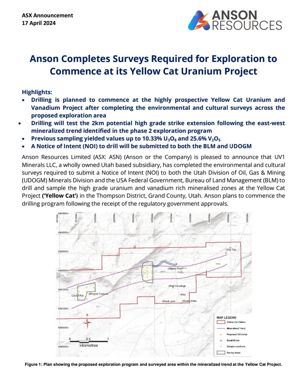 $ASN GETTING SET TO DRILL THE YELLOW CAT !!! 😺☢
FOR HIGHGRADE URANIUM AND VANADIUM!!