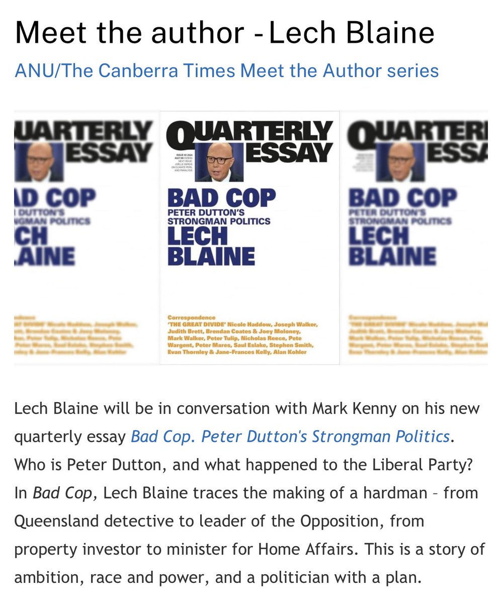 anu.edu.au/events/meet-th… Tomorrow night, I’ll be in Canberra doing an ANU Meet the Author event with @markgkenny chatting about my Quarterly Essay BAD COP