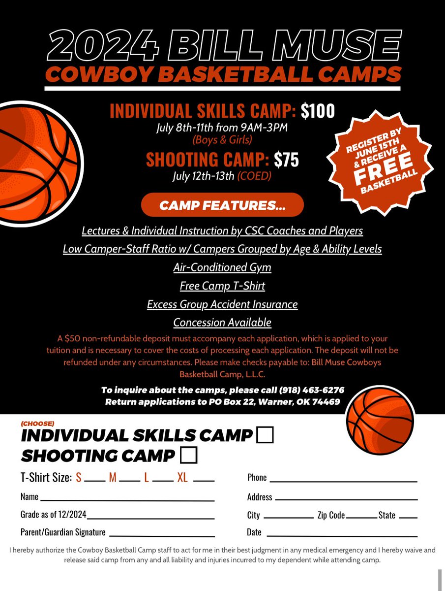 The 2024 Bill Muse Cowboy Basketball Summer Camps are right around the Corner. Any camper who registers before June 15th will receive a Free Basketball. Do not hesitate to sign up for camp as you will get a chance to learn from the 2024 NJCAA Final Four Coaching Staff and Players