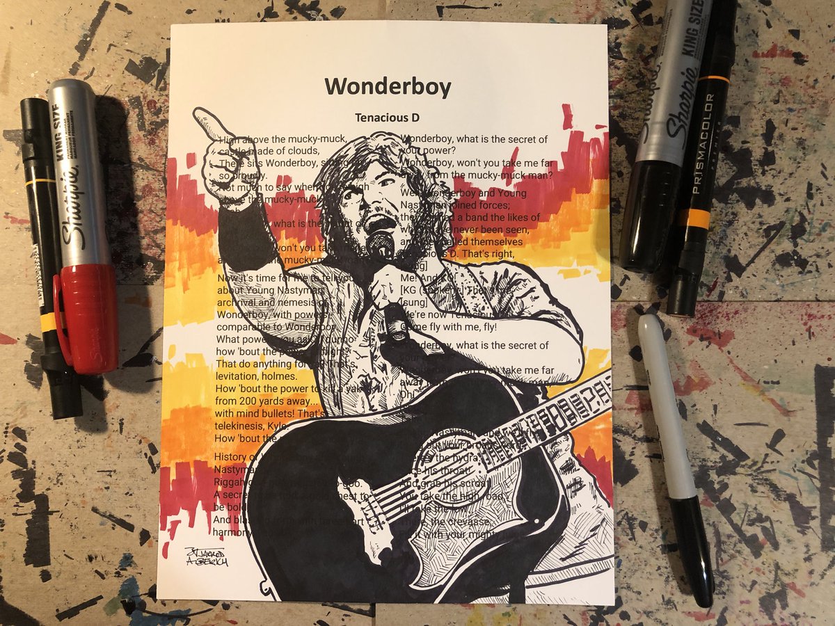 Just finished a JACK BLACK #BookPageSketch (lyrics page sketch) on the lyrics for “Wonderboy” by TENACIOUS D!