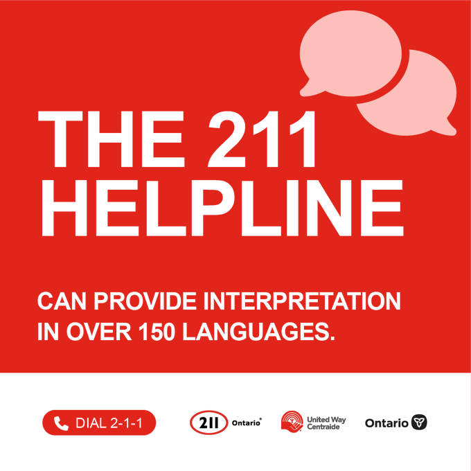 Text on image: The 211 helpline can provide interpretation in over 150 languages. 