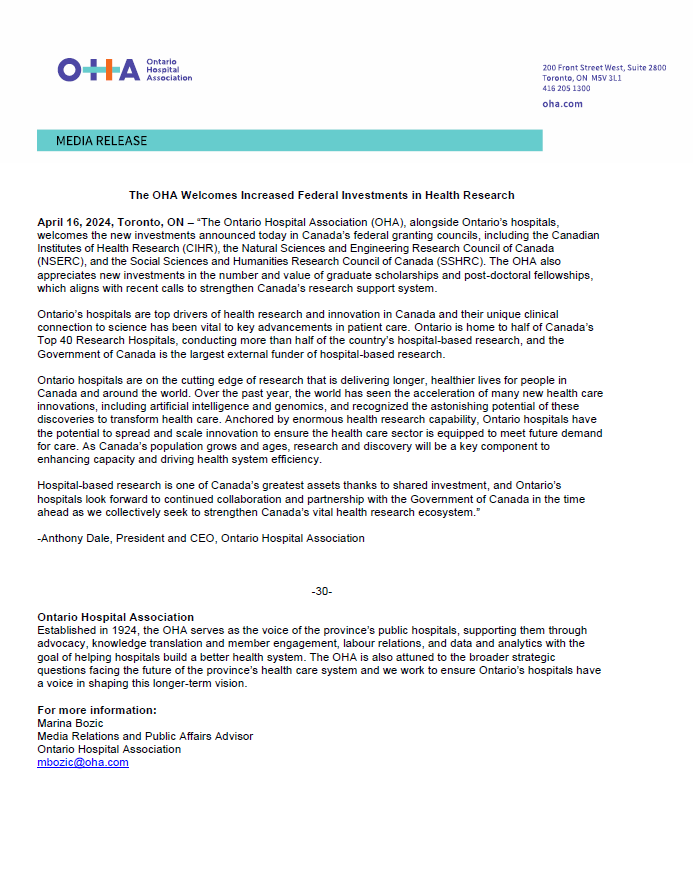 The Ontario Hospital Association welcomes the investments in health research announced earlier today by the Government of Canada in the 2024 Federal Budget. #Budget2024