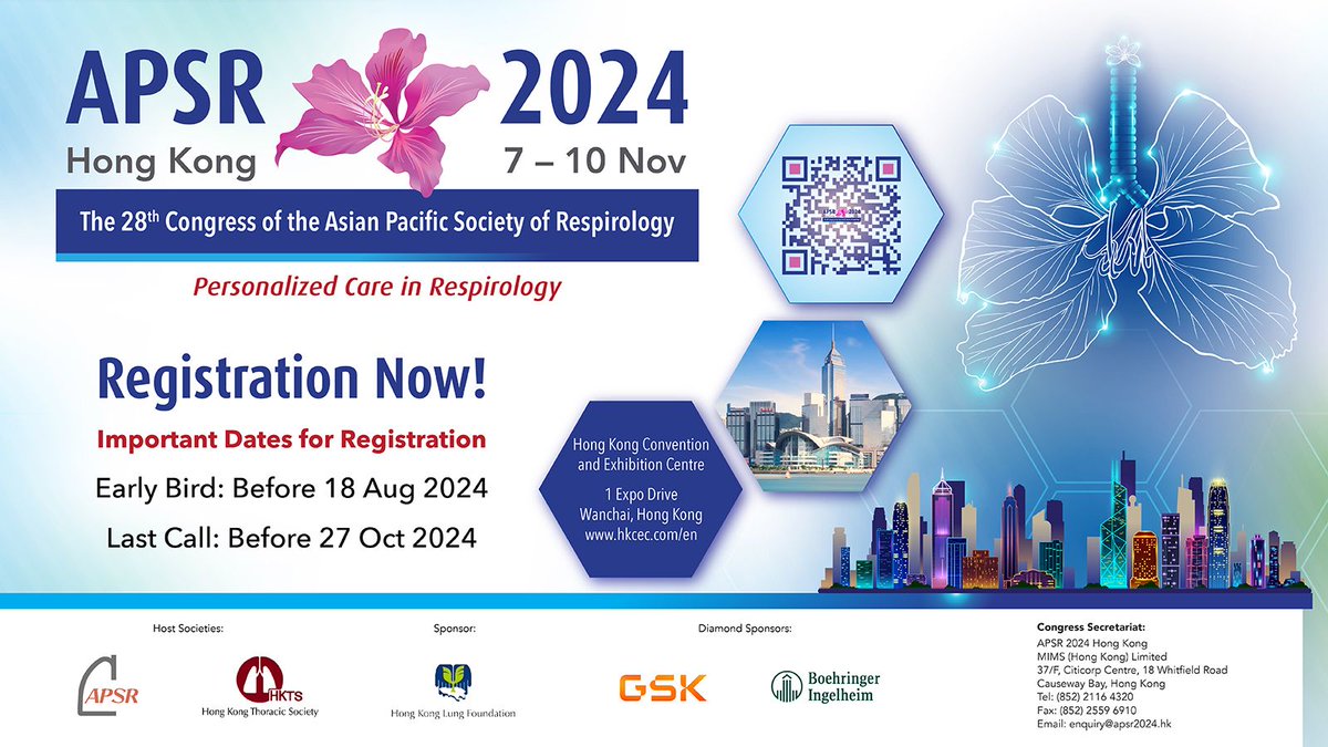 APSR 2024 HK Registration Now Open! Register apsr2024.hk/en/registratio… #APSR2024 #HKTS #lung #respiratory #pulmonary #COPD #asthma #TB #tuberculosis #lungcancer #bronchoscopy #interstitiallungdisease #sleepmedicine #covid　#pneumothorax @RespirologyAPSR