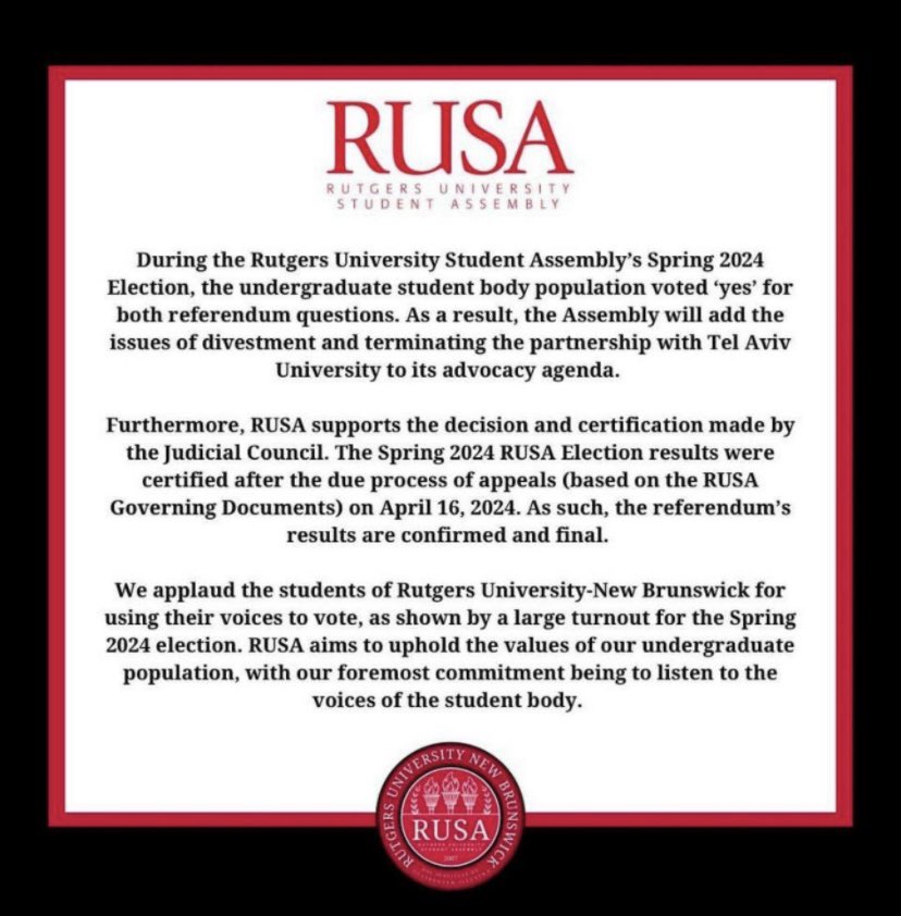 Our Rutgers-NB students have spoken. 80.42% voted for divestment from Israel. 77.81% voted to terminate our relationship from Tel Aviv University. Both measures passed with overwhelming majorities on all three @RutgersU campuses.
