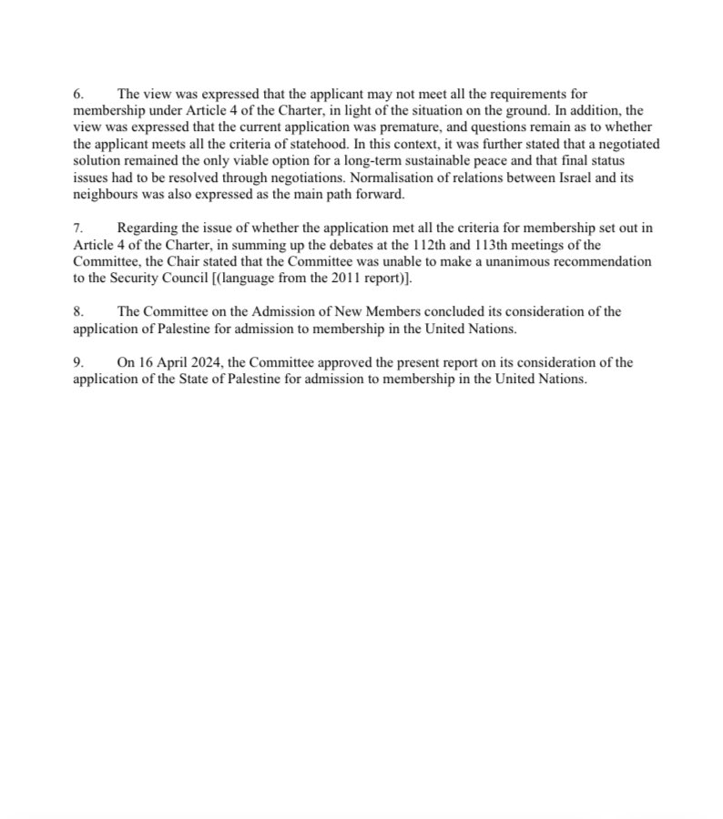 After two mtgs, the #UNSC Committee on the Admission of New Members has agreed on its report regarding the reconsideration of the State of #Palestine’s application for full membership in the UN. See here. ⬇️