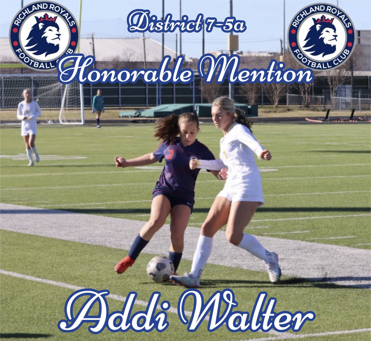 Congratulations to Addi Walter for earning 2024 District 7-5A Honorable Mention. YNWA  @Gosset41 @dfwvarsity @LethalSoccer @DFW_Girls_HS_VS @tascosoccer @Richlandhigh @RoyalsSoccerRHS @BirdvilleISD