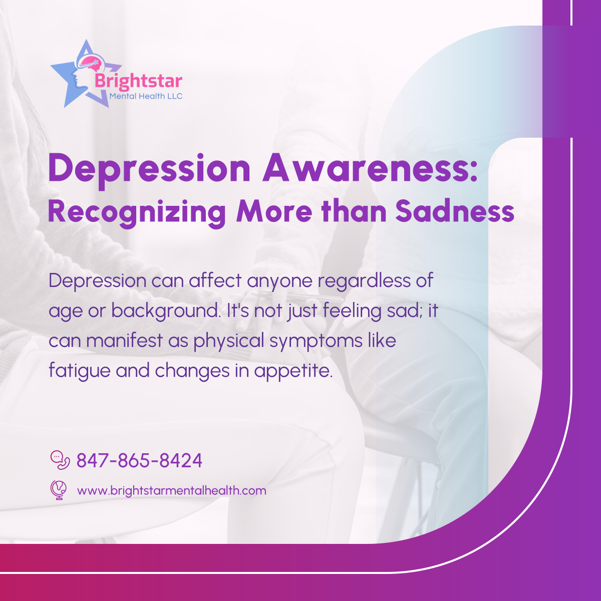 Don't let depression hold you back any longer. Take a step towards healing and reach out to Brightstar Mental Health LLC and schedule an appointment today.  Depression...  

Read more: instagram.com/p/C50y7kQC_MK/

#Depression #MentalHealthAwareness #IllinoisTherapist