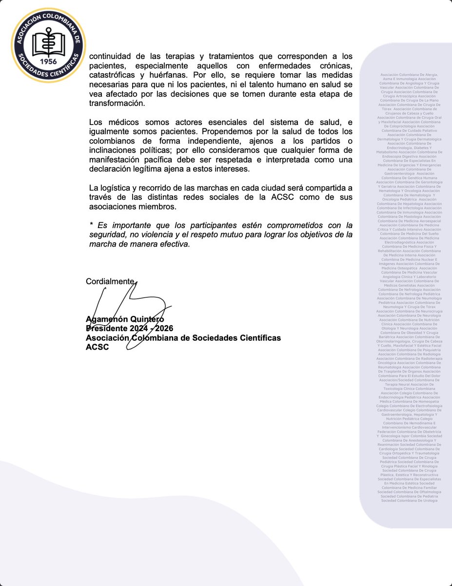 La Asociación Colombiana de Sociedades Científicas (ACSC) se suma a la iniciativa de la 'Marcha de Batas Blancas en Silencio' este 21 de abril, promoviendo el diálogo constructivo y la cooperación para fortalecer nuestro sistema de salud. (1/2)