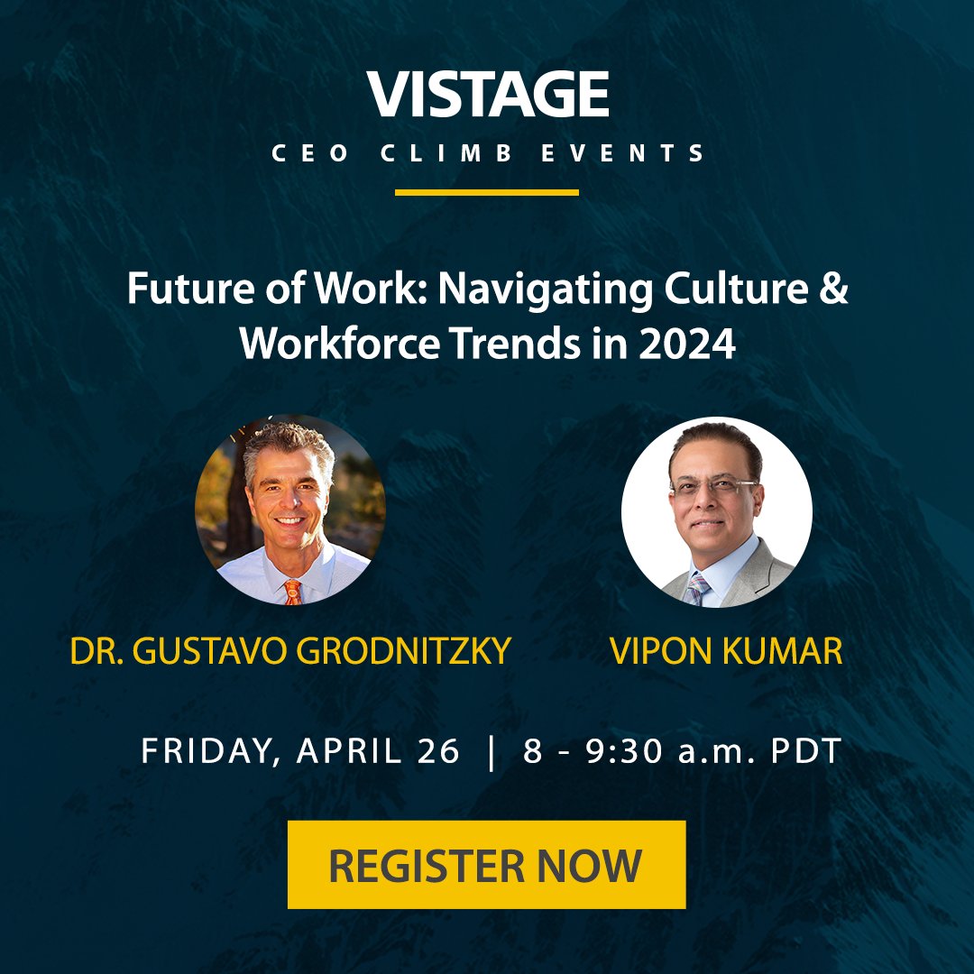 Mark your calendars: Our next #Vistage CEO Climb Event is 4/26 at 8 am PDT! 📆 Gain insights on workplace cultural trends, their impact on financial performance, strategies to prepare your business for evolving workforce dynamics, and more. Register now: bit.ly/49oyKSm
