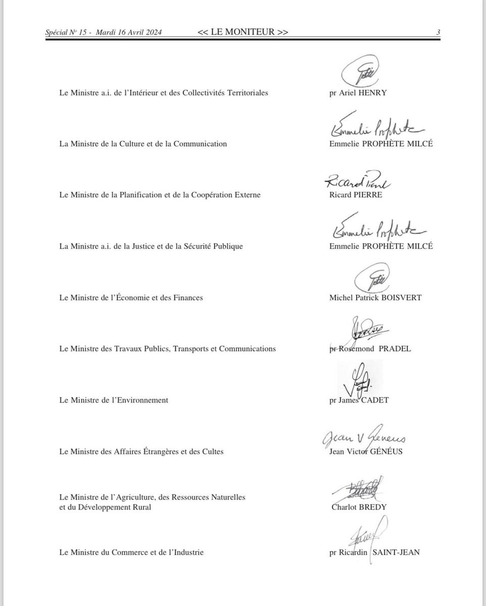 Gouvènman defakto a piblye nan jounal Le Moniteur jodi madi 16 avril la arete ki nome 9 manm konsèy Prezidansyèl Tranzisyon an.