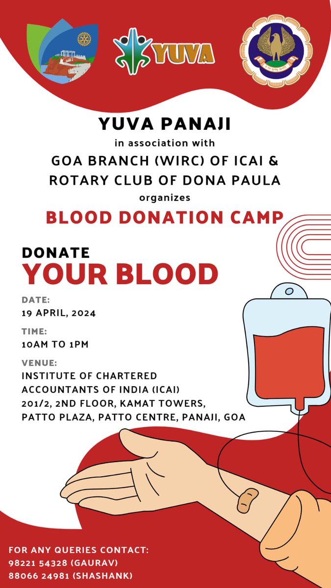 Join us to save lives at our Blood Donation Camp!
#donateblood #savelives #BloodMatters #icai #goa #yuvapanaji