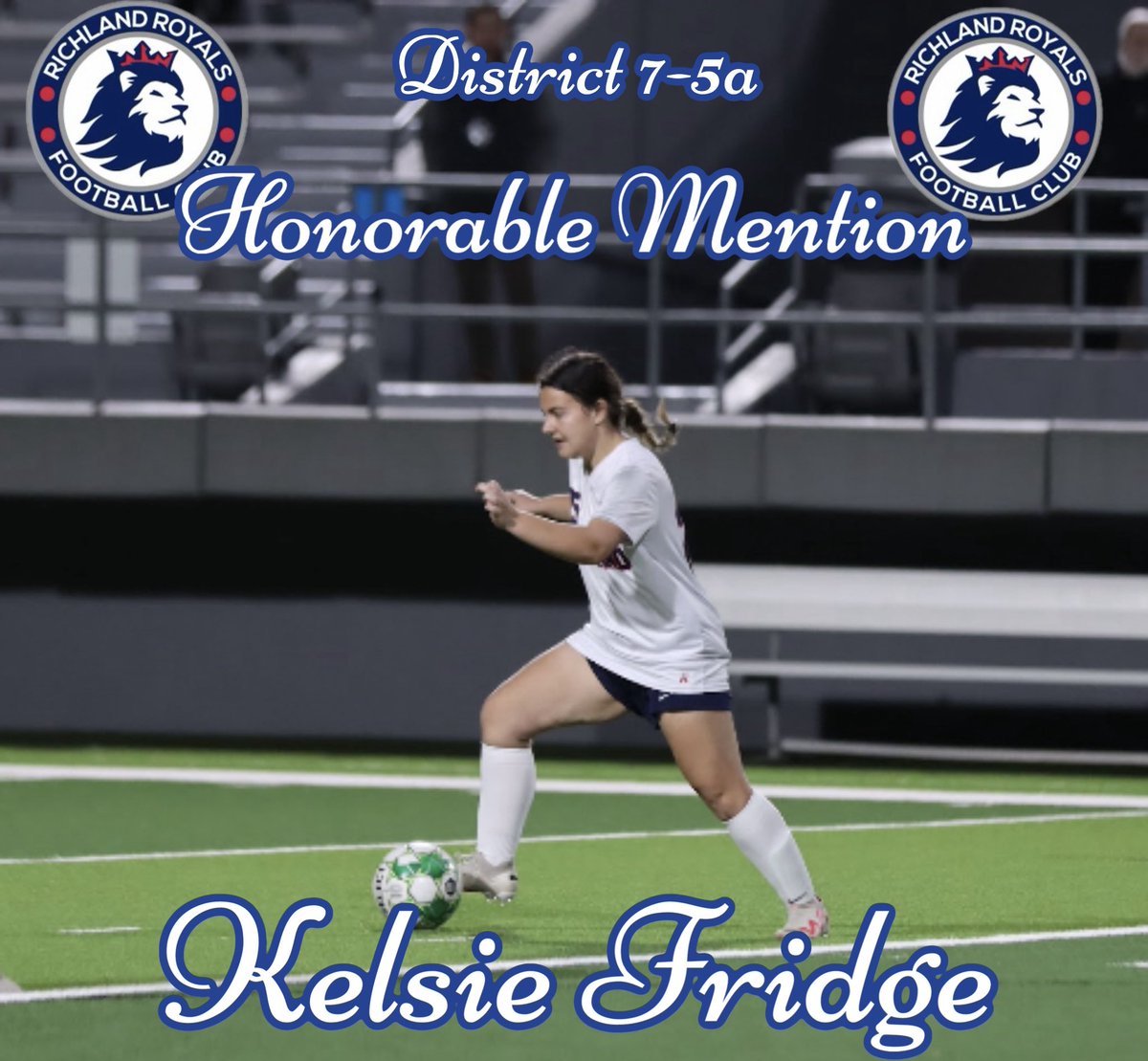 Congratulations to Kelsie Fridge for earning 2024 District 7-5A Honorable Mention. YNWA  @Gosset41 @dfwvarsity @LethalSoccer @DFW_Girls_HS_VS @tascosoccer @Richlandhigh @RoyalsSoccerRHS @BirdvilleISD