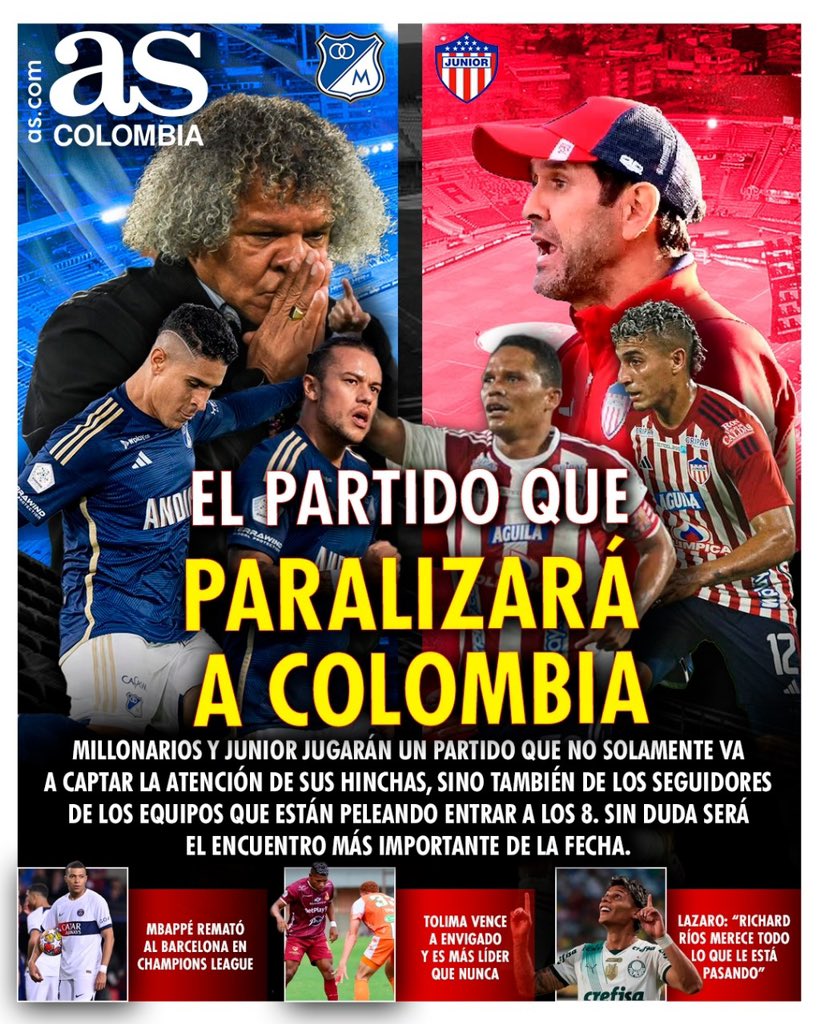 stevenarce's tweet photo. “El partido que PARALIZARÁ A COLOMBIA” portada @AS_Colombia de hoy 🔥🔥👇🏻👇🏻 https://t.co/EIHXlP5EUp