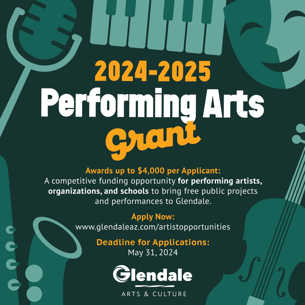 📣 The @glendaleaz 2024-2025 Performing Arts Grant applications are now open! This opportunity is for performing artists, organizations, schools & colleges to bring free public projects and performances to our city, offering up to $4,000 per applicant. 🌟 Link in bio to apply!