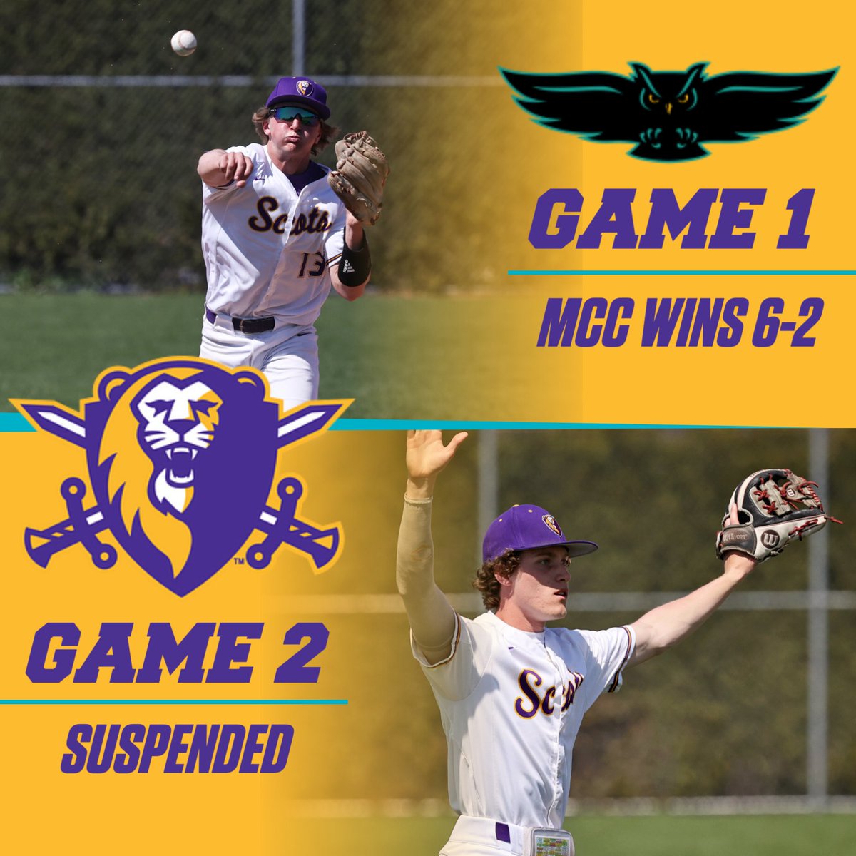 MCC beats Oakton in game 1, 6-2. Dylan Petrey threw 6 strong innings only allowing 2 runs, with 6 Ks. Blake Stempowski gets 2 hits with a HR. Keli Grennier adds 2 hits and scores 2. Game two was SUSPENDED in the top of the 2nd with the Scots up 1-0. 25-9 OVERALL! #ScotPride