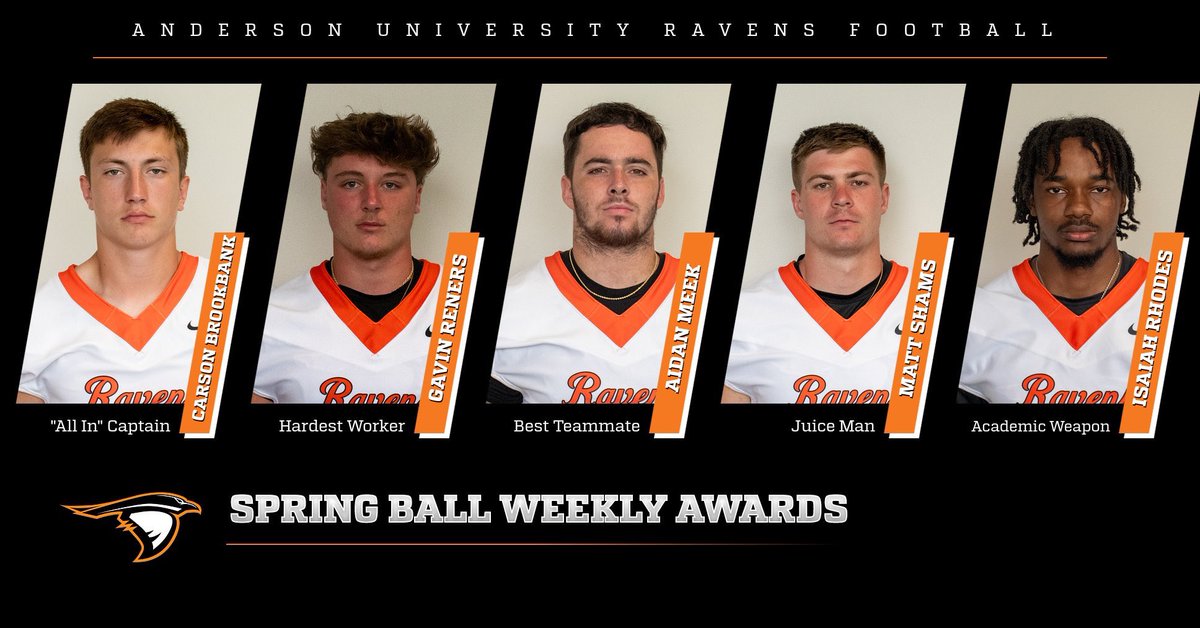 Spring Ball Weekly Awards💪 

  - “All In” Captain: Carson Brookbank

 - Hardest Worker: Gavin Reners

- Best Teammate: Aidan Meek

  - Juice Man: Matt Shams   

  - Academic Weapon: Isaiah Rhodes