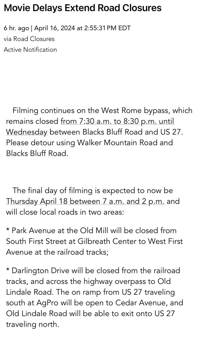 Update on the road closures for the Amazon movie being shot in Rome per Floyd EMA.  #RomeGa #floydcounty #gawx