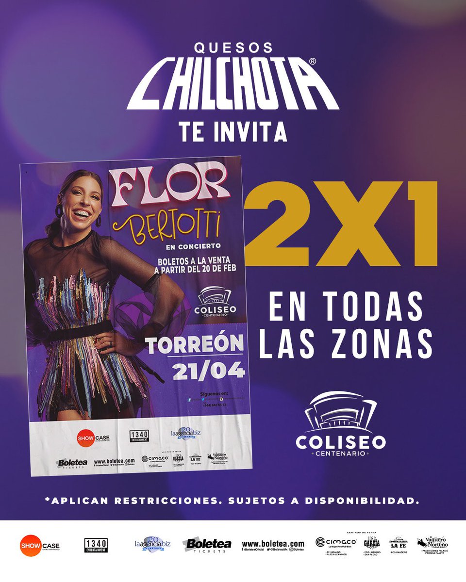 ¡Continúa la promoción! Quesos Chilchota te invita al concierto de Flor Bertotti. 2x1 en todas las zonas 😱😱😱😱 Compra ya los tuyos en Taquilla - Cimaco Hidalgo y Cuatro Caminos - boletea.com