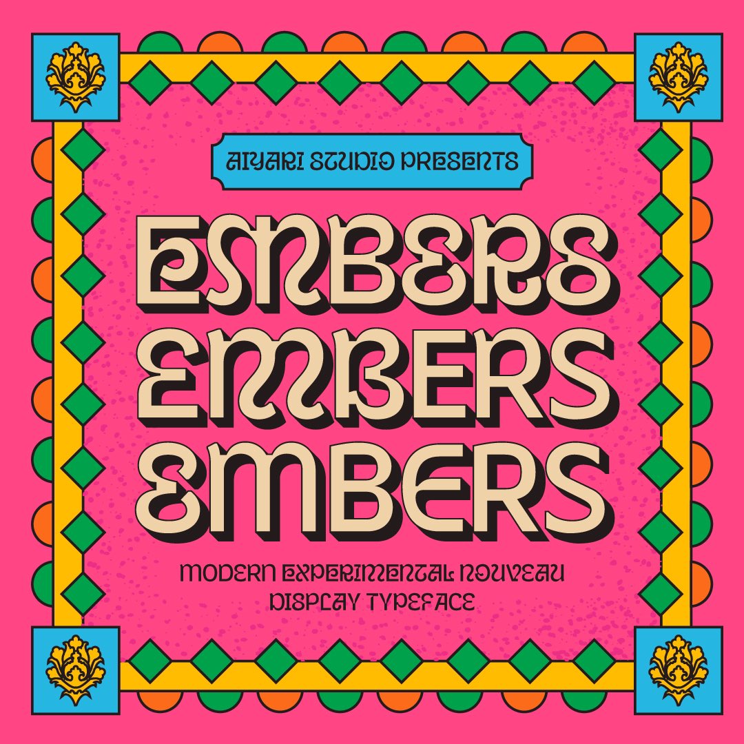 Introducing Embers the typeface is heavily influenced by art nouveau design combined with a modern and experimental design approach. This typeface is perfect for headlines in a large size. Available on <a href="/MyFonts/">MyFonts</a>
