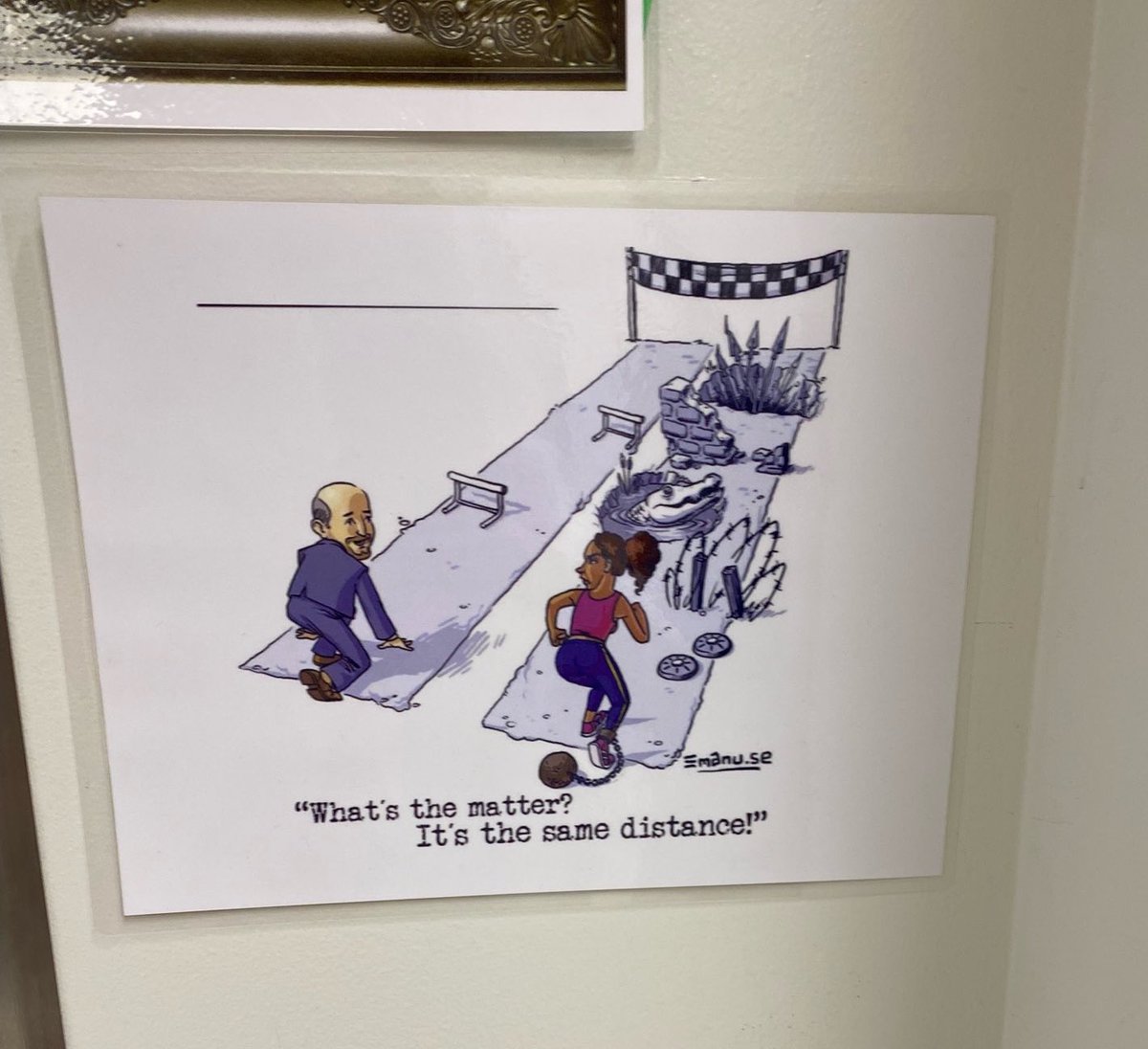 The white man has it so easy while the black woman has all kinds of obstacles in her way. This was displayed in the hallway at @lexwrdsb elementary school in Waterloo, ON. This inevitably leads to racial division, guilt and resentment, not harmony.